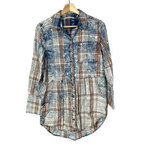 Soft Surroundings Blue & Orange Plaid Long Sleeve Button Down XS